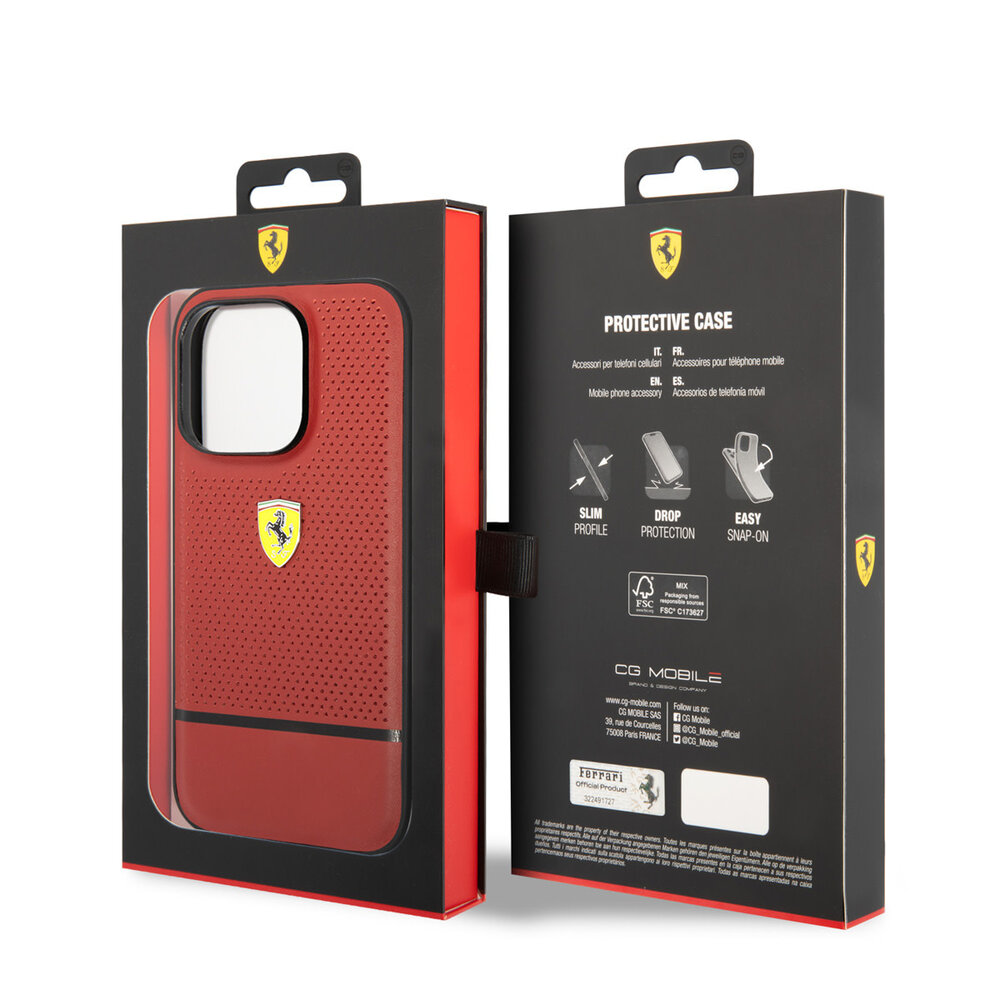 Ferrari Ferrari iPhone 14 Pro Back cover case - Real Leather - Perforated - Red Ferrari Ferrari iPhone 14 Pro Back cover case - Real Leather - Perforated - Red