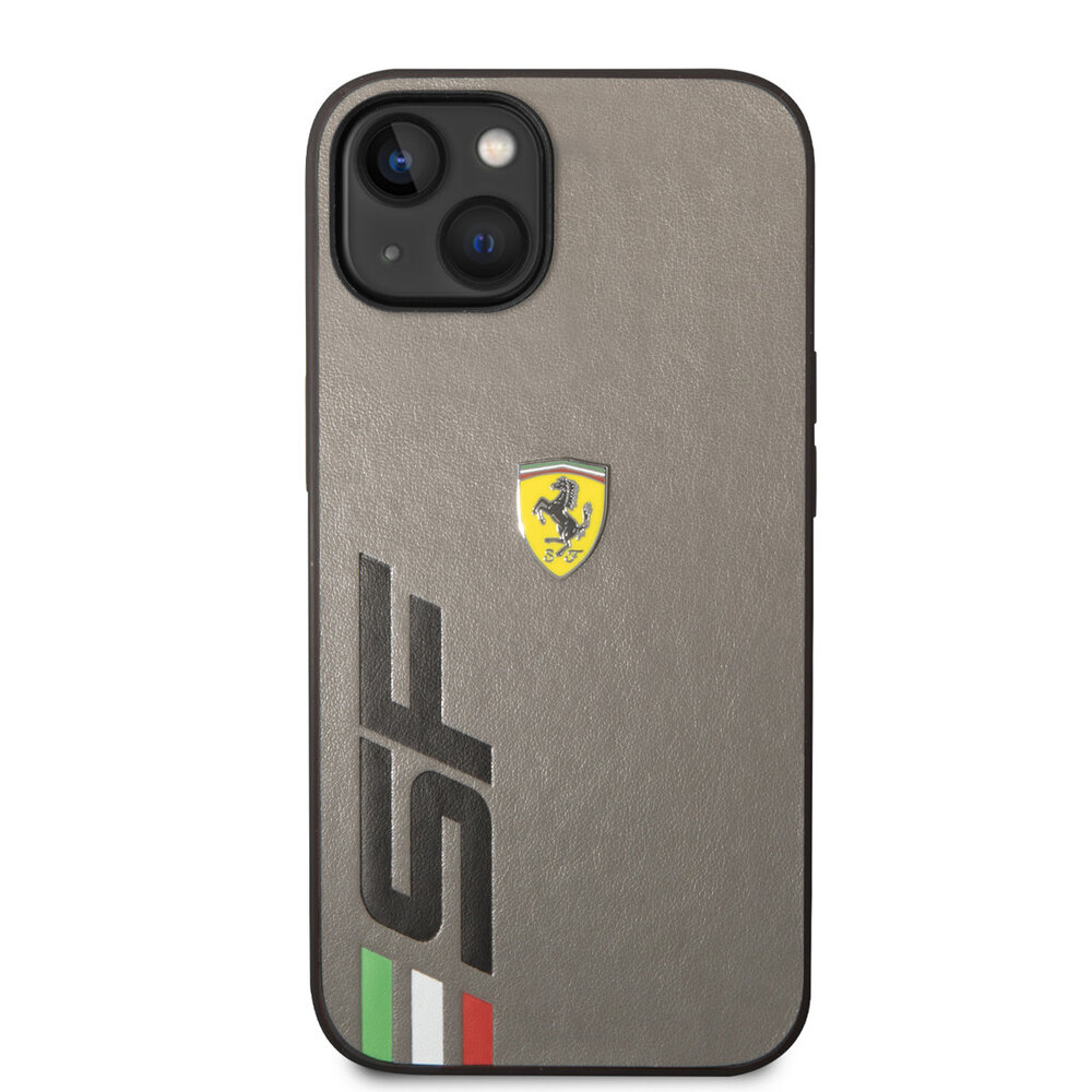 Ferrari Ferrari iPhone 14 Plus & 15 Plus Backcover hoesje - Leather - Big SF Logo - Grijs Ferrari Ferrari iPhone 14 Plus & 15 Plus Backcover hoesje - Leather - Big SF Logo - Grijs