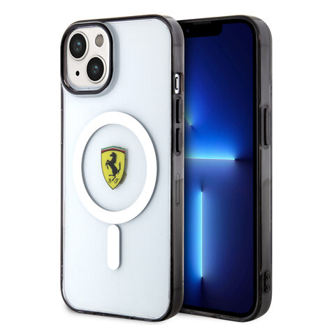 Ferrari Ferrari iPhone 14 Plus & 15 Plus Back-Cover hul - Magsafe - Black edge - Transparent Ferrari Ferrari iPhone 14 Plus & 15 Plus Back-Cover hul - Magsafe - Black edge - Transparent