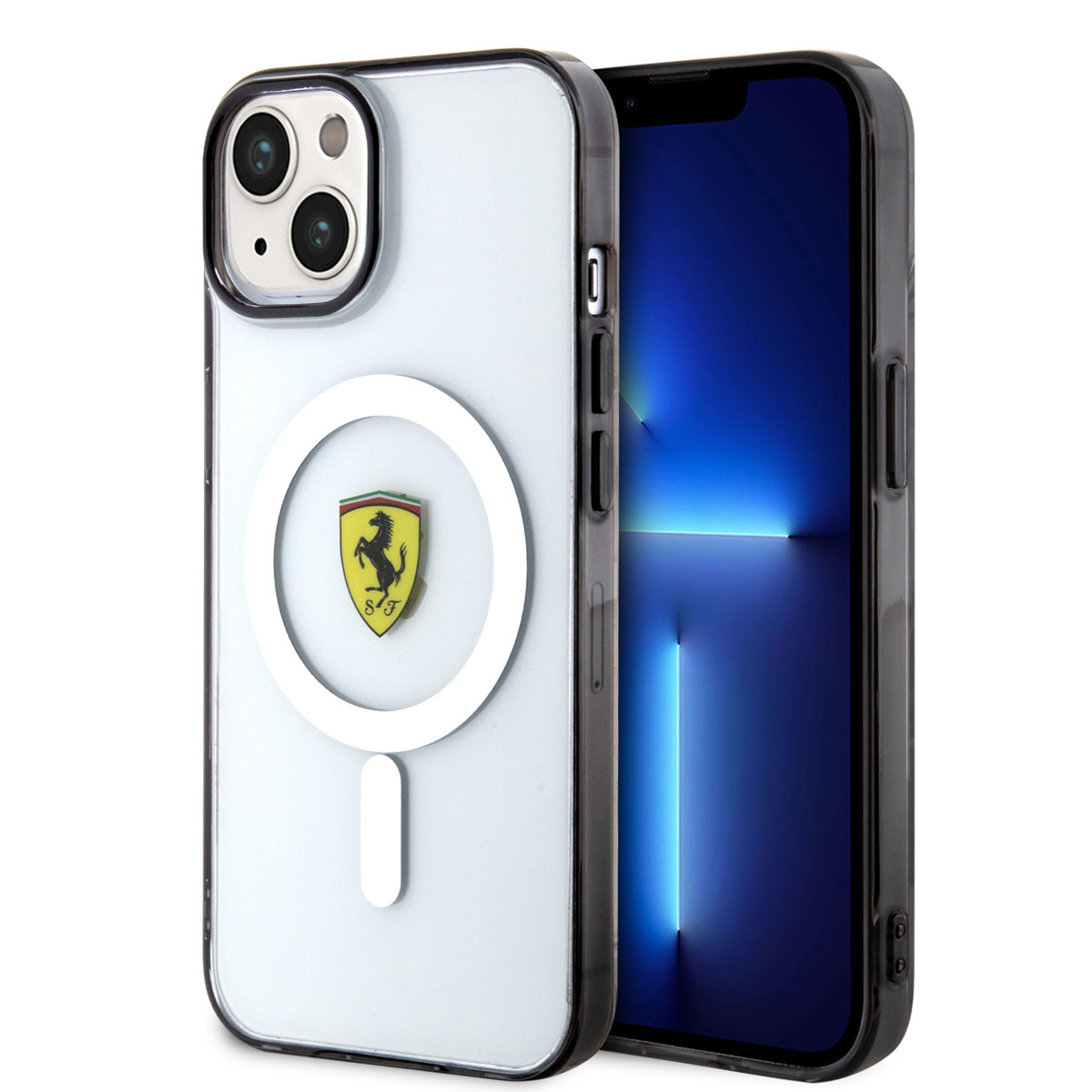 Ferrari Ferrari iPhone 14 Plus & 15 Plus Backcover hoesje - Magsafe - Black edge - Transparant