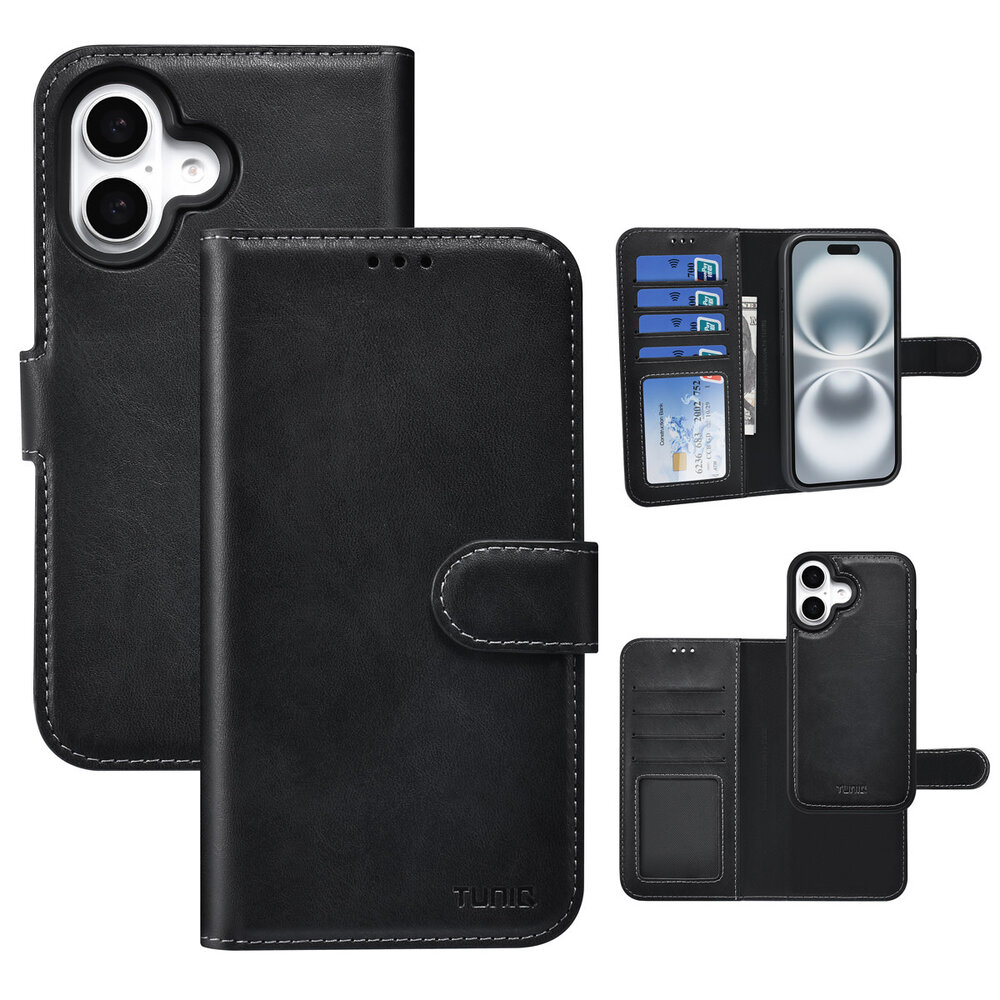 TUNIQ TUNIQ iPhone 16 Book type case - Card holder for 3 cards - with removable magnetic cover - Black TUNIQ TUNIQ iPhone 16 Book type case - Card holder for 3 cards - with removable magnetic cover - Black