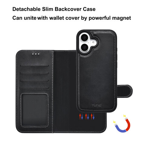 TUNIQ TUNIQ iPhone 16 Book-Case hul - Kartenhalter für 3 Karten - mit Abnehmbarer magnetische Hülle - Schwarz TUNIQ TUNIQ iPhone 16 Book-Case hul - Kartenhalter für 3 Karten - mit Abnehmbarer magnetische Hülle - Schwarz