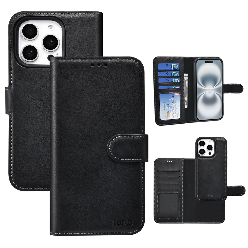 TUNIQ TUNIQ iPhone 16 Pro Book-Case hul - Kartenhalter für 3 Karten - mit Abnehmbarer magnetische Hülle - Schwarz TUNIQ TUNIQ iPhone 16 Pro Book-Case hul - Kartenhalter für 3 Karten - mit Abnehmbarer magnetische Hülle - Schwarz