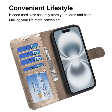 TUNIQ TUNIQ iPhone 16 Pro Book-Case hul - Kartenhalter für 3 Karten - mit Abnehmbarer magnetische Hülle - Gold TUNIQ TUNIQ iPhone 16 Pro Book-Case hul - Kartenhalter für 3 Karten - mit Abnehmbarer magnetische Hülle - Gold