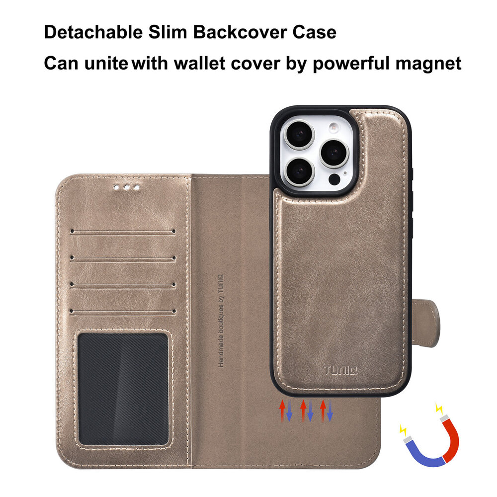 TUNIQ TUNIQ iPhone 16 Pro Book-Case hul - Kartenhalter für 3 Karten - mit Abnehmbarer magnetische Hülle - Gold TUNIQ TUNIQ iPhone 16 Pro Book-Case hul - Kartenhalter für 3 Karten - mit Abnehmbarer magnetische Hülle - Gold