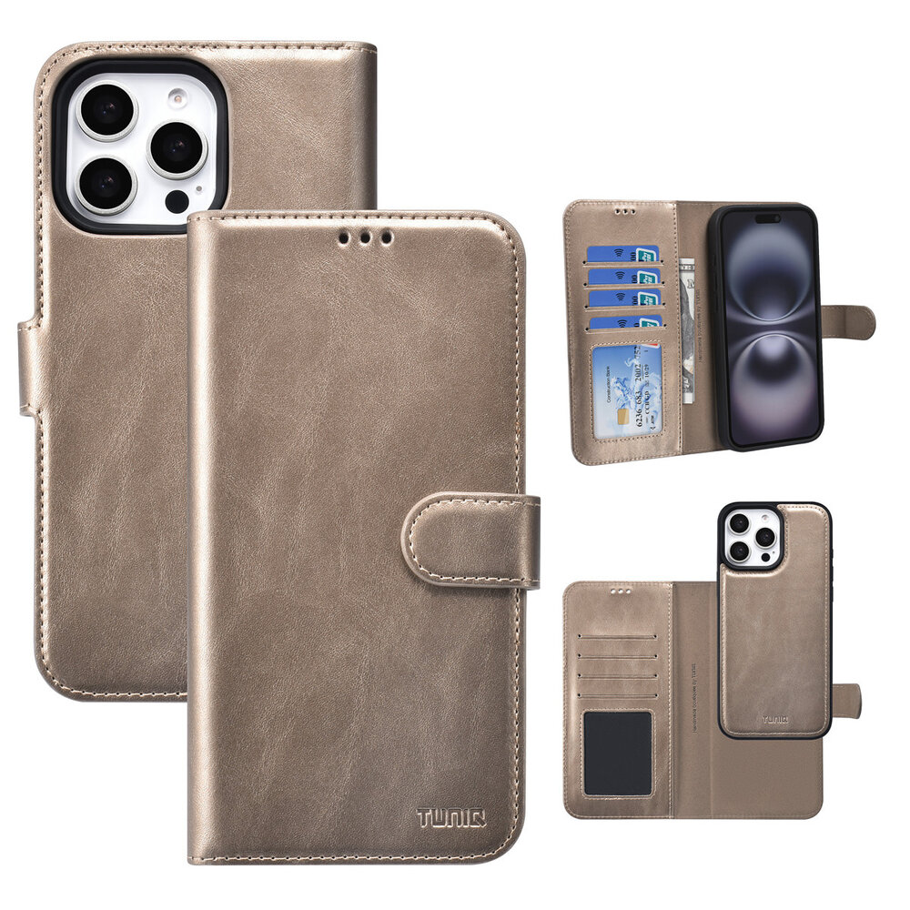 TUNIQ TUNIQ iPhone 16 Pro Max Book-Case hul - Kartenhalter für 3 Karten - mit Abnehmbarer magnetische Hülle - Gold TUNIQ TUNIQ iPhone 16 Pro Max Book-Case hul - Kartenhalter für 3 Karten - mit Abnehmbarer magnetische Hülle - Gold