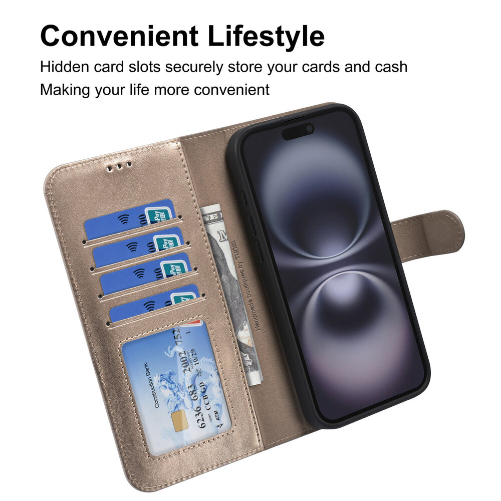 TUNIQ TUNIQ iPhone 16 Pro Max Book-Case hul - Kartenhalter für 3 Karten - mit Abnehmbarer magnetische Hülle - Gold TUNIQ TUNIQ iPhone 16 Pro Max Book-Case hul - Kartenhalter für 3 Karten - mit Abnehmbarer magnetische Hülle - Gold