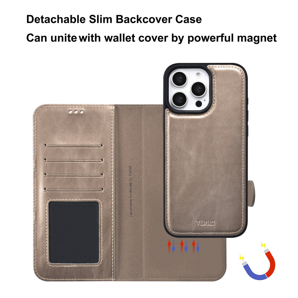 TUNIQ TUNIQ iPhone 16 Pro Max Book-Case hul - Kartenhalter für 3 Karten - mit Abnehmbarer magnetische Hülle - Gold TUNIQ TUNIQ iPhone 16 Pro Max Book-Case hul - Kartenhalter für 3 Karten - mit Abnehmbarer magnetische Hülle - Gold