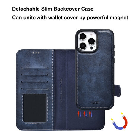TUNIQ TUNIQ iPhone 16 Pro Max Book-Case hul - Kartenhalter für 3 Karten - mit Abnehmbarer magnetische Hülle - Blau TUNIQ TUNIQ iPhone 16 Pro Max Book-Case hul - Kartenhalter für 3 Karten - mit Abnehmbarer magnetische Hülle - Blau