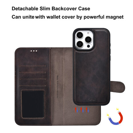 TUNIQ TUNIQ iPhone 16 Pro Max Book-Case hul - Kartenhalter für 3 Karten - mit Abnehmbarer magnetische Hülle - Braun TUNIQ TUNIQ iPhone 16 Pro Max Book-Case hul - Kartenhalter für 3 Karten - mit Abnehmbarer magnetische Hülle - Braun