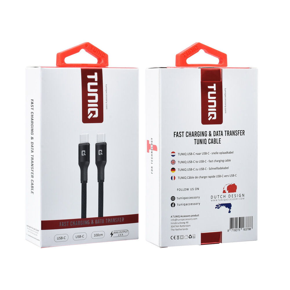 TUNIQ TUNIQ USB-C to USB-C Cable 100cm - Fast charging cable - Black TUNIQ TUNIQ USB-C to USB-C Cable 100cm - Fast charging cable - Black
