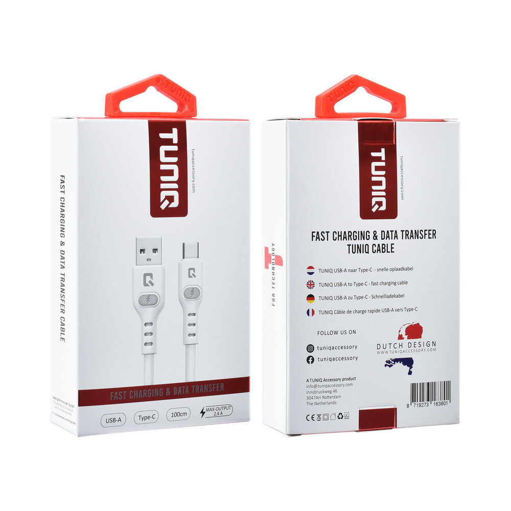TUNIQ TUNIQ USB-A naar USB-C Kabel 100cm - Snelle oplaadkabel - Wit TUNIQ TUNIQ USB-A naar USB-C Kabel 100cm - Snelle oplaadkabel - Wit