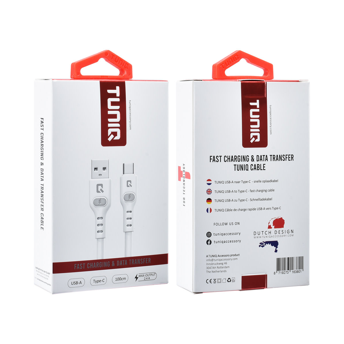 TUNIQ TUNIQ USB-A naar USB-C Kabel 100cm - Snelle oplaadkabel - Wit, foto 2 van 2