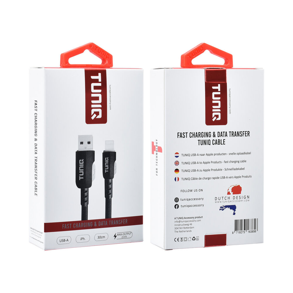TUNIQ TUNIQ Câble de charge rapide - USB-A vers Lightning Câble 30cm - Noir