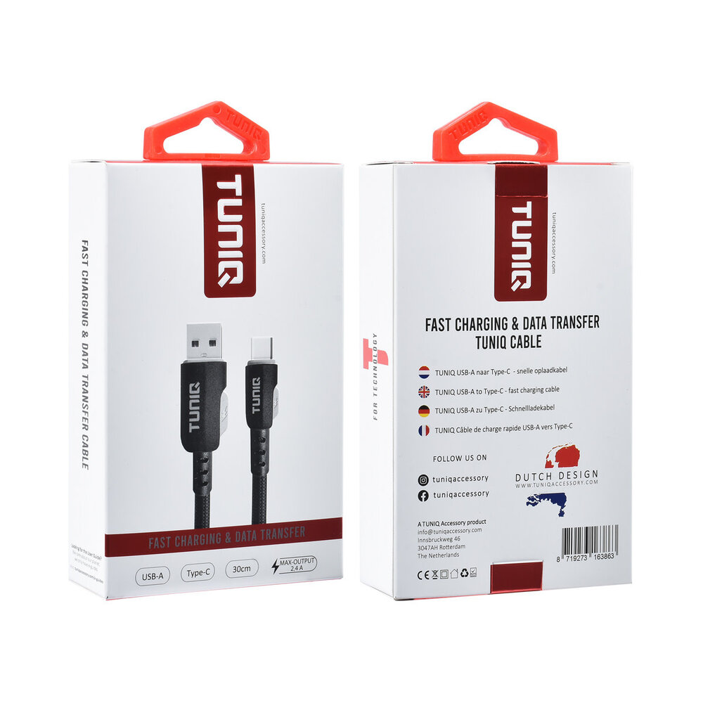 TUNIQ TUNIQ USB-A naar USB-C Kabel 30cm - Snelle oplaadkabel - Zwart TUNIQ TUNIQ USB-A naar USB-C Kabel 30cm - Snelle oplaadkabel - Zwart
