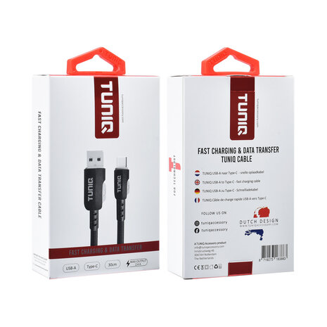 TUNIQ TUNIQ USB-A naar USB-C Kabel 30cm - Snelle oplaadkabel - Zwart TUNIQ TUNIQ USB-A naar USB-C Kabel 30cm - Snelle oplaadkabel - Zwart