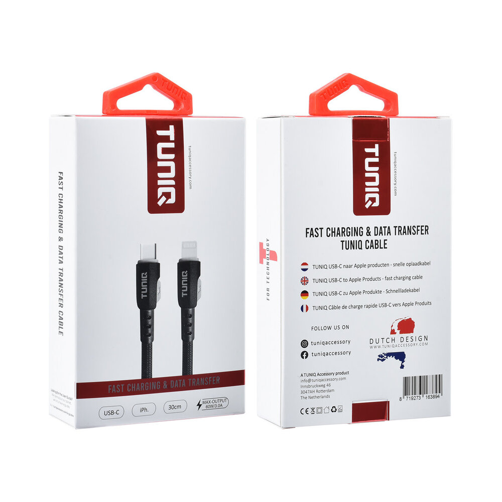 TUNIQ TUNIQ USB-C zu Lightning Kabel 30cm - Schnellladekabel - Schwarz TUNIQ TUNIQ USB-C zu Lightning Kabel 30cm - Schnellladekabel - Schwarz