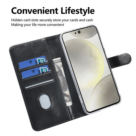 TUNIQ TUNIQ Galaxy S24 FE Book type case - Card holder for 3 cards - Magnetic closure - Hanger - Black TUNIQ TUNIQ Galaxy S24 FE Book type case - Card holder for 3 cards - Magnetic closure - Hanger - Black