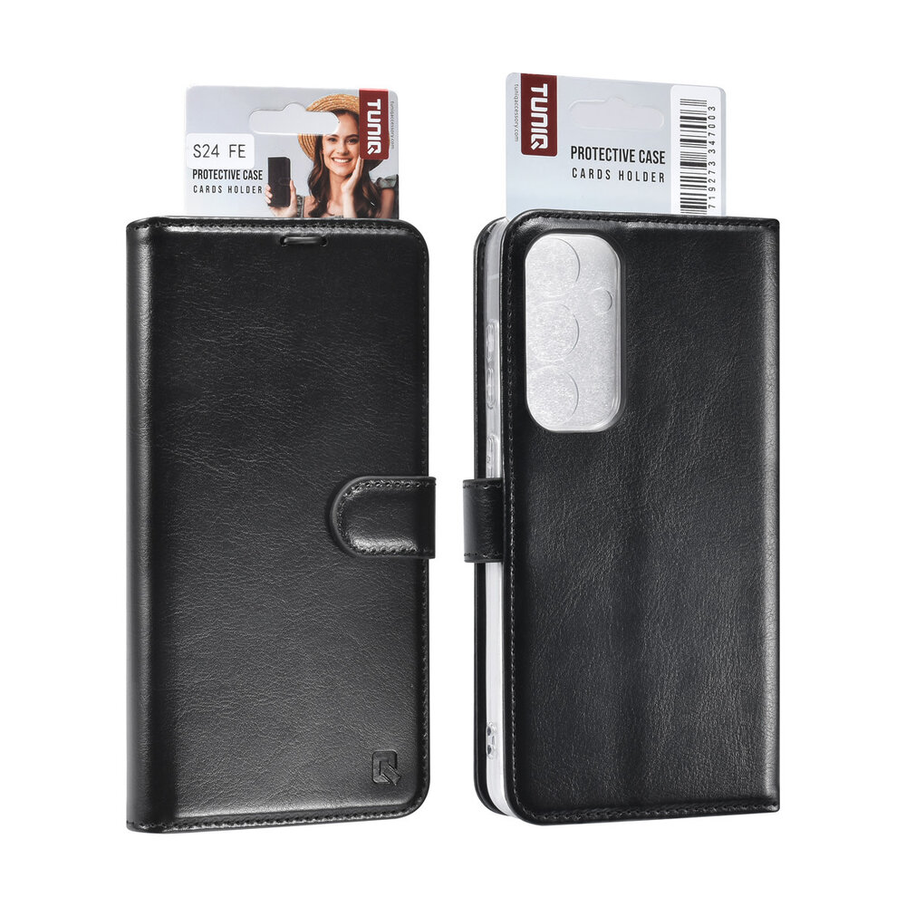 TUNIQ TUNIQ Galaxy S24 FE Book-Case hul - Kartenhalter für 3 Karten - Magnetverschluss - Aufhänger - Schwarz TUNIQ TUNIQ Galaxy S24 FE Book-Case hul - Kartenhalter für 3 Karten - Magnetverschluss - Aufhänger - Schwarz