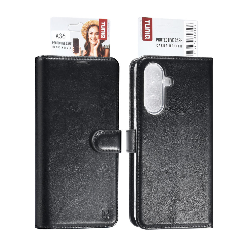 TUNIQ TUNIQ Galaxy A36 Book-Case hul - Kartenhalter für 3 Karten - Magnetverschluss - Aufhänger - Schwarz TUNIQ TUNIQ Galaxy A36 Book-Case hul - Kartenhalter für 3 Karten - Magnetverschluss - Aufhänger - Schwarz