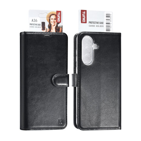 TUNIQ TUNIQ Galaxy A36 Book-Case hul - Kartenhalter für 3 Karten - Magnetverschluss - Aufhänger - Schwarz TUNIQ TUNIQ Galaxy A36 Book-Case hul - Kartenhalter für 3 Karten - Magnetverschluss - Aufhänger - Schwarz