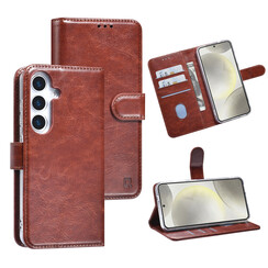 TUNIQ Galaxy S25 Book type case - Card holder for 3 cards - Magnetic closure - Hanger - Brown