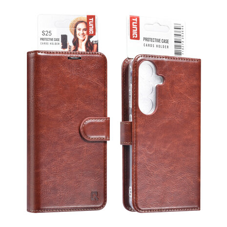 TUNIQ TUNIQ Galaxy S25 Book type case - Card holder for 3 cards - Magnetic closure - Hanger - Brown TUNIQ TUNIQ Galaxy S25 Book type case - Card holder for 3 cards - Magnetic closure - Hanger - Brown