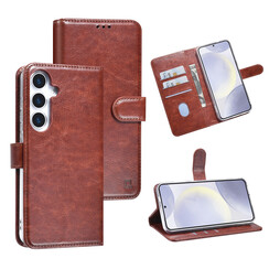 TUNIQ Galaxy S25 Plus Book type case - Card holder for 3 cards - Magnetic closure - Hanger - Brown