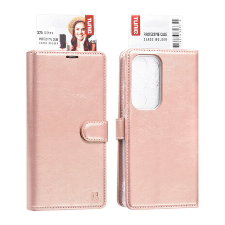 TUNIQ TUNIQ Galaxy S25 Ultra Book type case - Card holder for 3 cards - Magnetic closure - Hanger - Rose Gold TUNIQ TUNIQ Galaxy S25 Ultra Book type case - Card holder for 3 cards - Magnetic closure - Hanger - Rose Gold