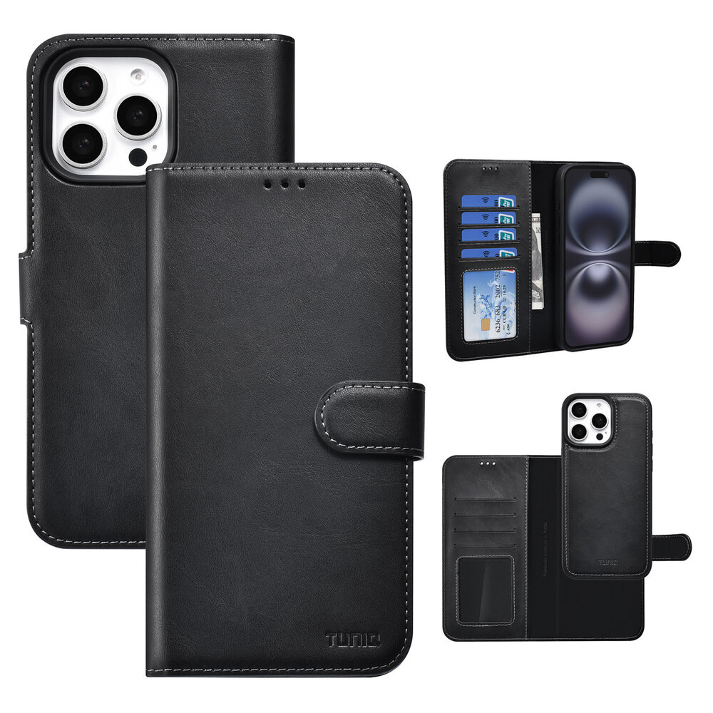 TUNIQ TUNIQ iPhone 16 Pro Max Book type housse - Porte-cartes pour 3 cartes - avec couvercle magnétique amovible - Noir TUNIQ TUNIQ iPhone 16 Pro Max Book type housse - Porte-cartes pour 3 cartes - avec couvercle magnétique amovible - Noir