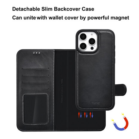 TUNIQ TUNIQ iPhone 16 Pro Max Book Case hoesje - Pasjeshouder voor 3 pasjes - met afneembaar magnetisch hoesje - Zwart TUNIQ TUNIQ iPhone 16 Pro Max Book Case hoesje - Pasjeshouder voor 3 pasjes - met afneembaar magnetisch hoesje - Zwart