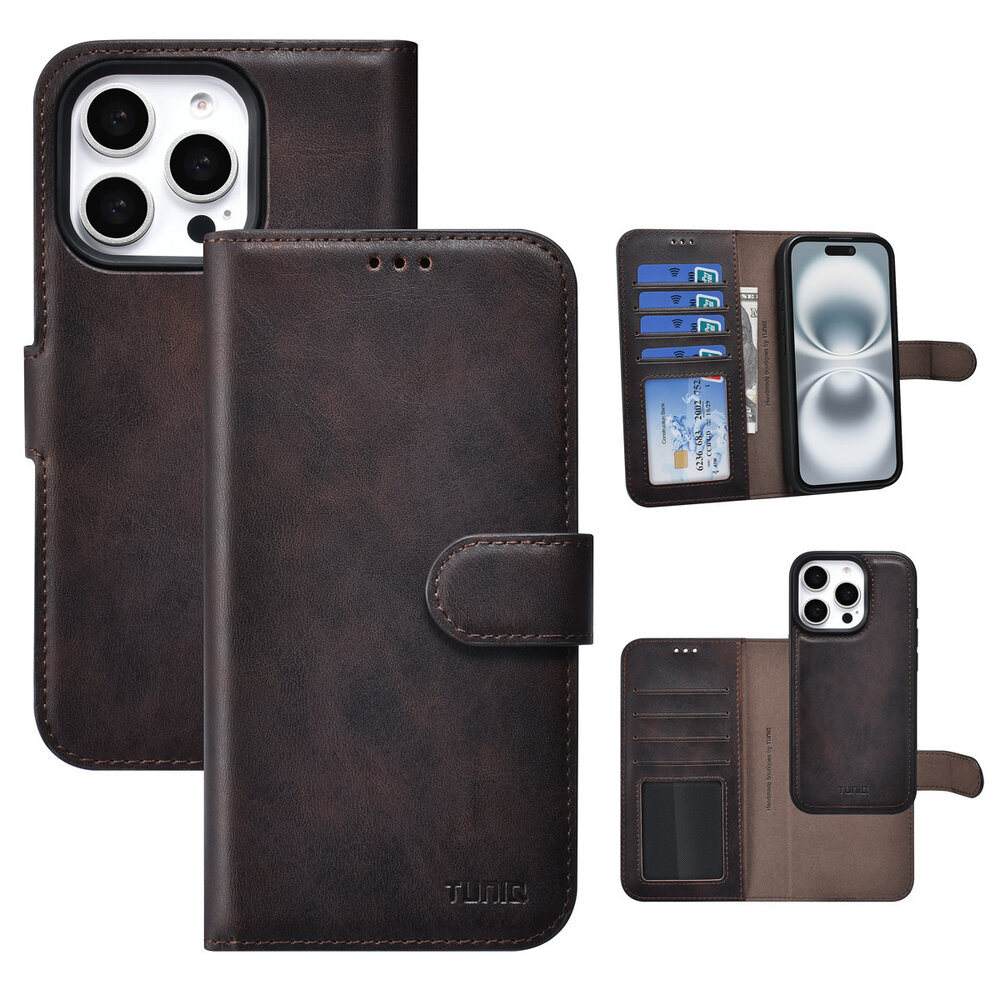 TUNIQ TUNIQ iPhone 16 Pro Book Case hoesje - Pasjeshouder voor 3 pasjes - met afneembaar magnetisch hoesje - Bruin TUNIQ TUNIQ iPhone 16 Pro Book Case hoesje - Pasjeshouder voor 3 pasjes - met afneembaar magnetisch hoesje - Bruin