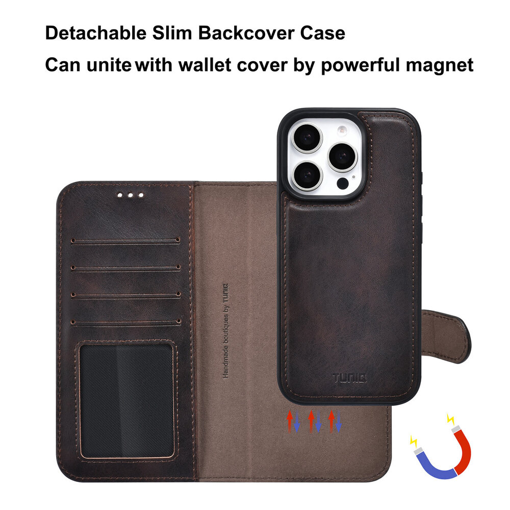 TUNIQ TUNIQ iPhone 16 Pro Book type housse - Porte-cartes pour 3 cartes - avec couvercle magnétique amovible - Marron TUNIQ TUNIQ iPhone 16 Pro Book type housse - Porte-cartes pour 3 cartes - avec couvercle magnétique amovible - Marron
