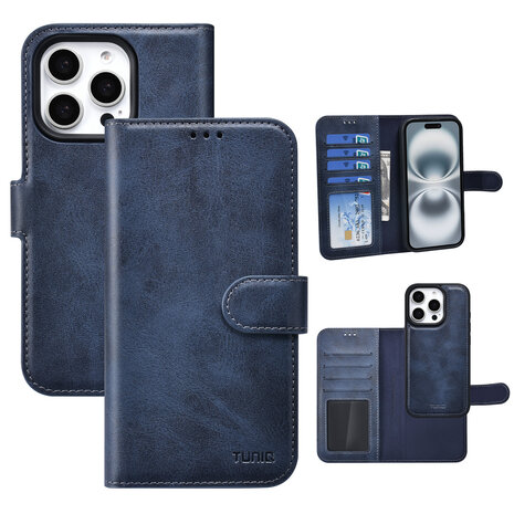 TUNIQ TUNIQ iPhone 16 Pro Book-Case hul - Kartenhalter für 3 Karten - mit Abnehmbarer magnetische Hülle - Blau TUNIQ TUNIQ iPhone 16 Pro Book-Case hul - Kartenhalter für 3 Karten - mit Abnehmbarer magnetische Hülle - Blau