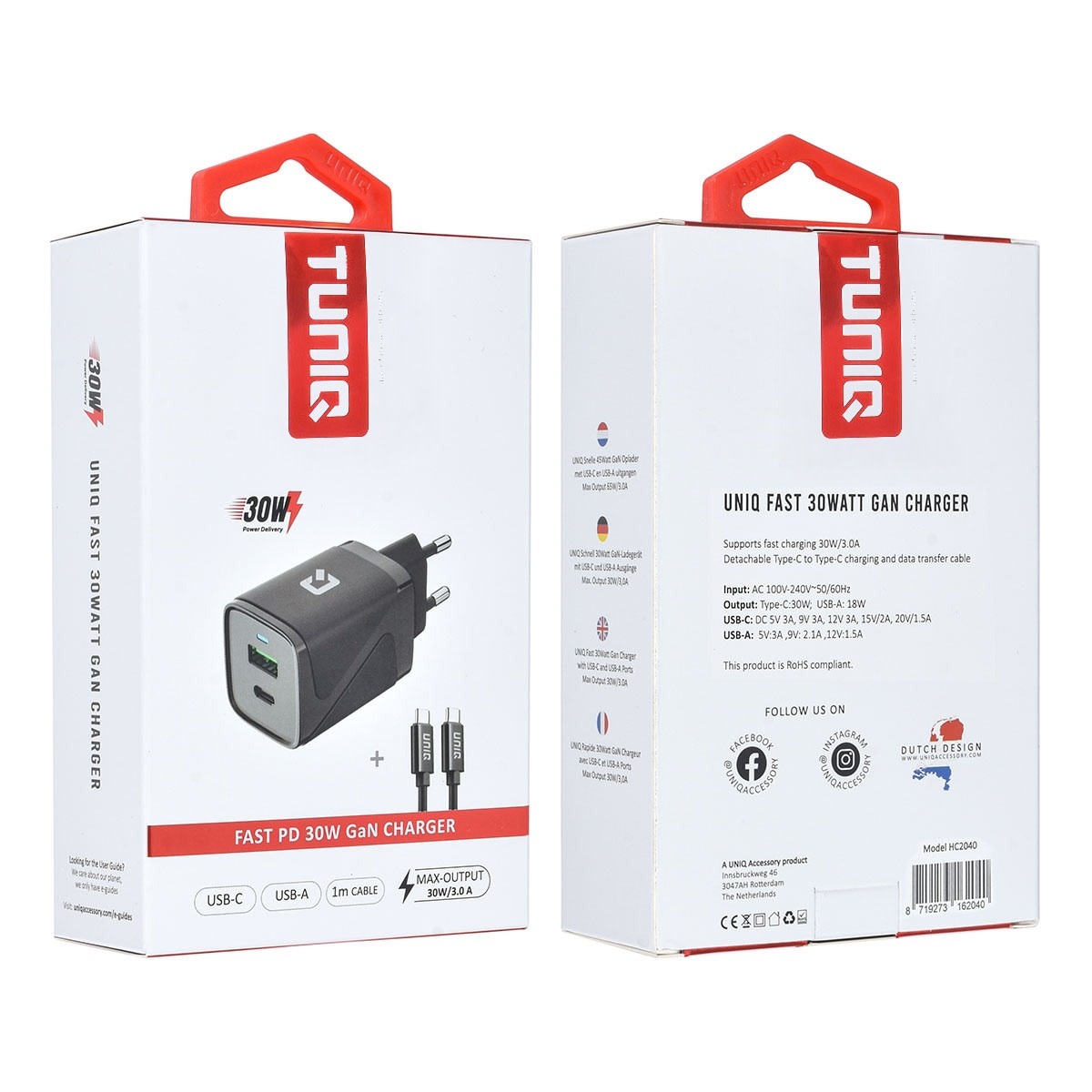 TUNIQ TUNIQ PD 30W GaN Thuislader - Dual Poort met USB-C kabel - Zwart, foto 5 van 5