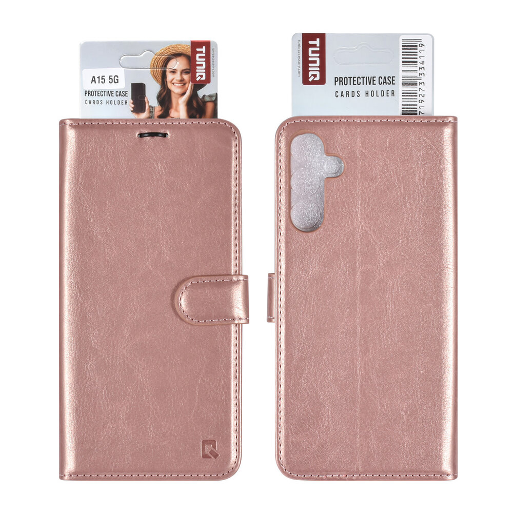 TUNIQ TUNIQ Galaxy A15 5G Book-Case hul - Kartenhalter für 3 Karten - Magnetverschluss - Aufhänger - Rose Gold TUNIQ TUNIQ Galaxy A15 5G Book-Case hul - Kartenhalter für 3 Karten - Magnetverschluss - Aufhänger - Rose Gold