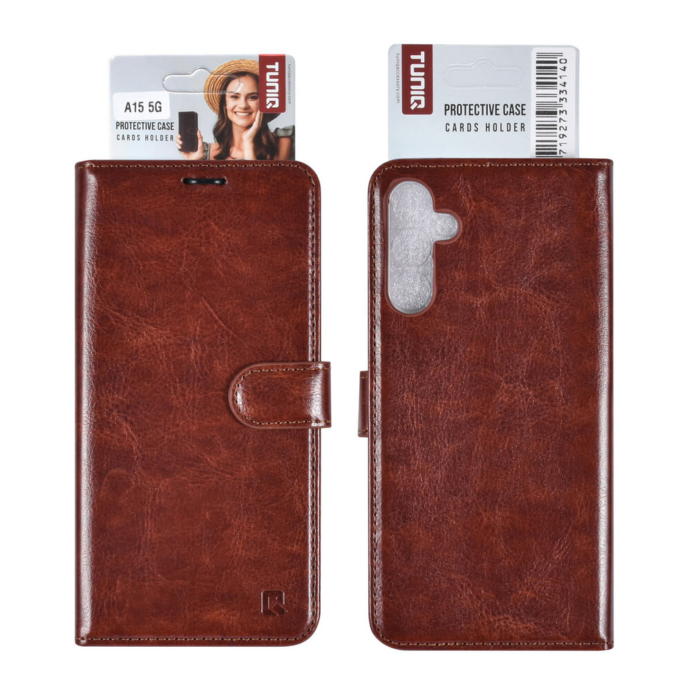 TUNIQ TUNIQ Galaxy A15 5G Book-Case hul - Kartenhalter für 3 Karten - Magnetverschluss - Aufhänger - Braun