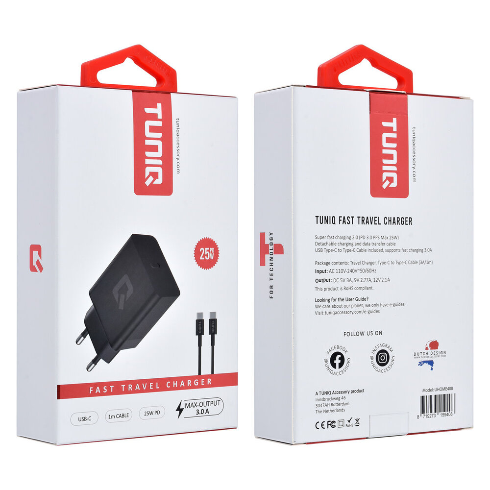TUNIQ TUNIQ Snellader PD 25W Adapter met USB Type-C kabel - Zwart TUNIQ TUNIQ Snellader PD 25W Adapter met USB Type-C kabel - Zwart