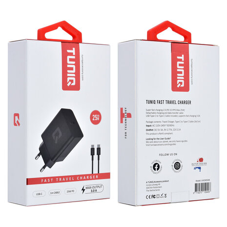 TUNIQ TUNIQ Snellader PD 25W Adapter met USB Type-C kabel - Zwart TUNIQ TUNIQ Snellader PD 25W Adapter met USB Type-C kabel - Zwart