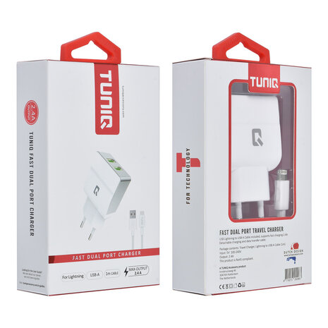 TUNIQ TUNIQ Dual Port 2.1A travel charger - Apple Lightning - White (CE) TUNIQ TUNIQ Dual Port 2.1A travel charger - Apple Lightning - White (CE)