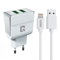 TUNIQ Ladegerät - 2,1 A, 2 Anschlüsse, mit Kabel Lightning, weiß