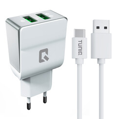 TUNIQ Ladegerät - 2,1 A, 2 Anschlüsse, mit Kabel USB-C, weiß