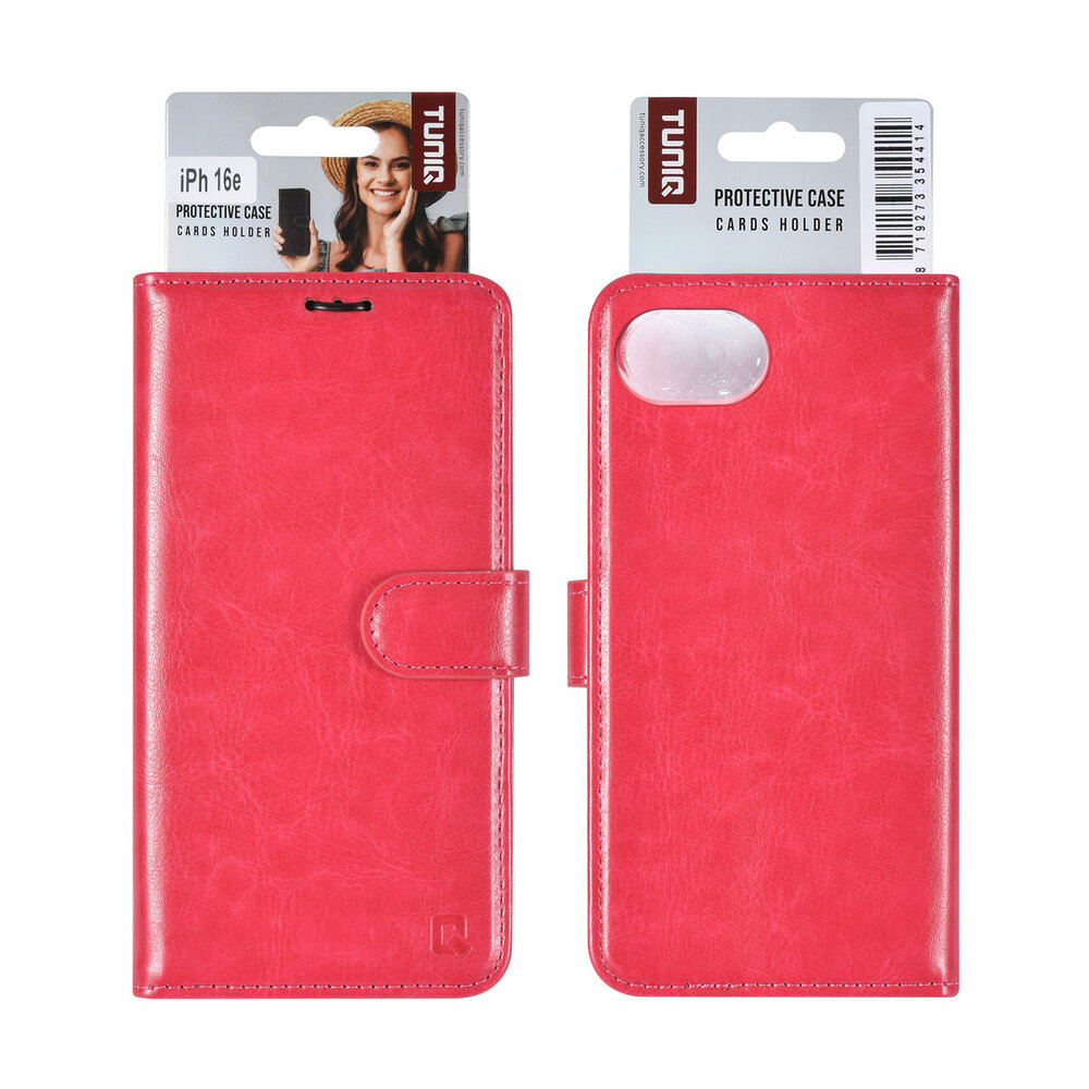 TUNIQ TUNIQ iPhone 16e Book type housse - Porte-cartes pour 3 cartes - Fermeture magnétique - Cintre - Rose vif TUNIQ TUNIQ iPhone 16e Book type housse - Porte-cartes pour 3 cartes - Fermeture magnétique - Cintre - Rose vif