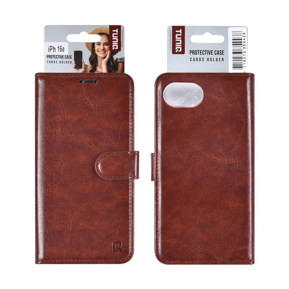 TUNIQ TUNIQ iPhone 16e Book type case - Card holder for 3 cards - Magnetic closure - Hanger - Brown TUNIQ TUNIQ iPhone 16e Book type case - Card holder for 3 cards - Magnetic closure - Hanger - Brown