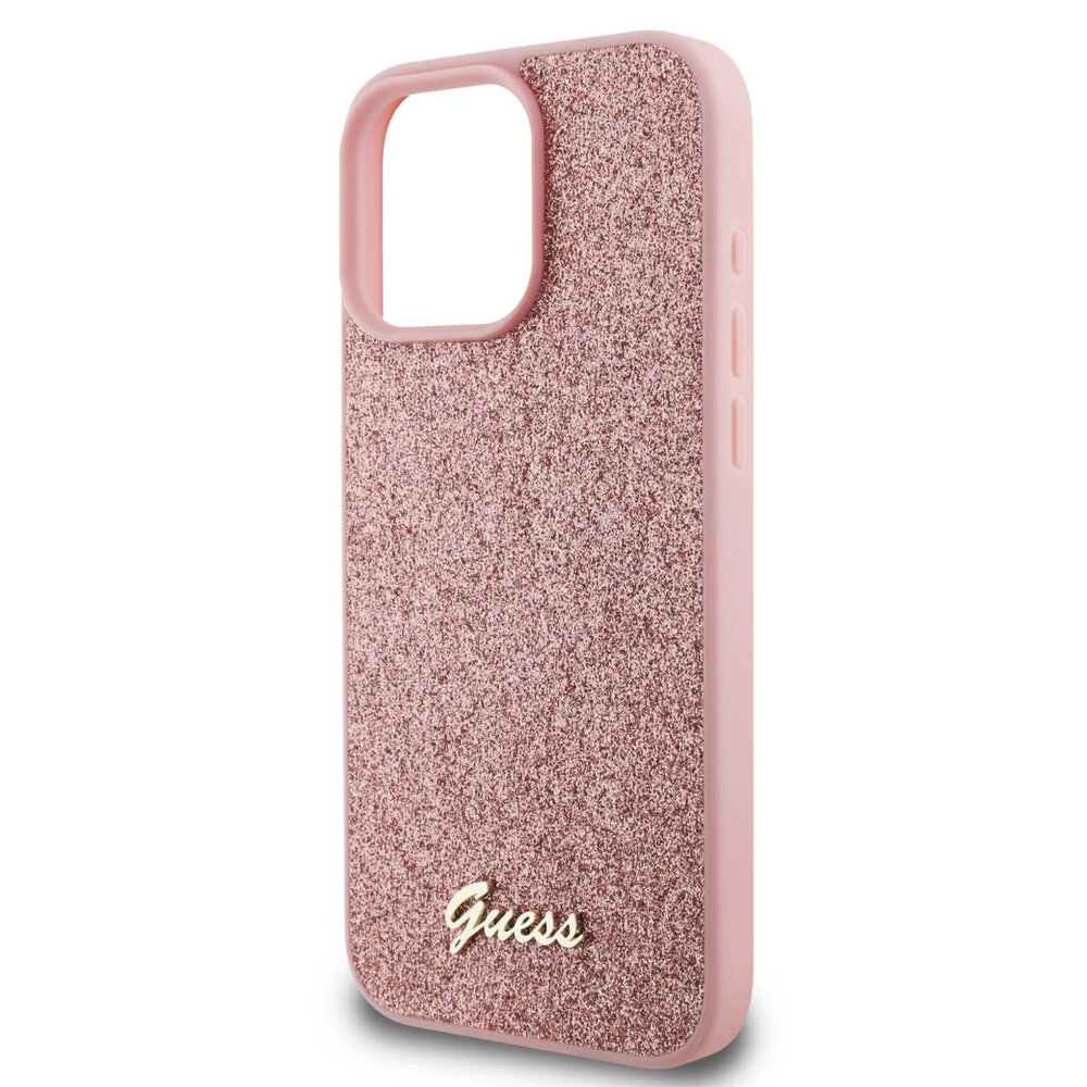Guess Guess iPhone 16 Pro Max Back cover coque - Fixed Glitter - Script Metal Logo - Rose Guess Guess iPhone 16 Pro Max Back cover coque - Fixed Glitter - Script Metal Logo - Rose