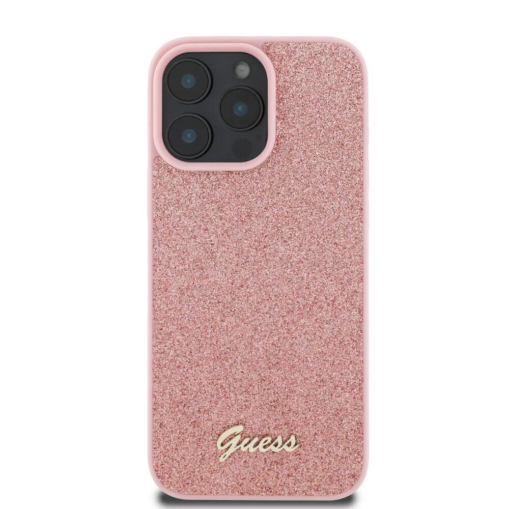 Guess Guess iPhone 16 Pro Max Back-Cover hul - Fixed Glitter - Script Metal Logo - Rosa Guess Guess iPhone 16 Pro Max Back-Cover hul - Fixed Glitter - Script Metal Logo - Rosa