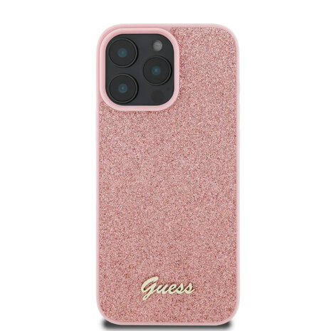 Guess Guess iPhone 16 Pro Max Backcover hoesje - Fixed Glitter - Script Metal Logo - Roze Guess Guess iPhone 16 Pro Max Backcover hoesje - Fixed Glitter - Script Metal Logo - Roze