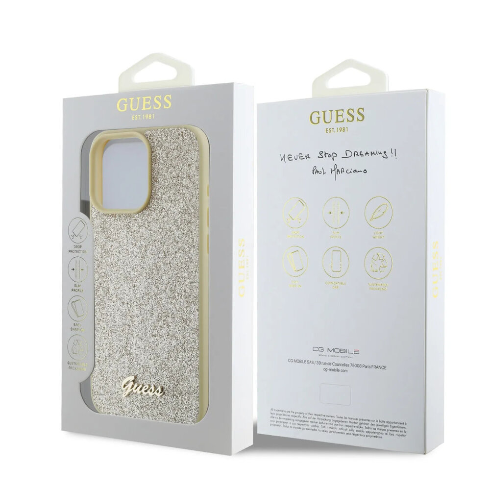 Guess Guess iPhone 16 Pro Max Back cover coque - Fixed Glitter - Script Metal Logo - Or Guess Guess iPhone 16 Pro Max Back cover coque - Fixed Glitter - Script Metal Logo - Or