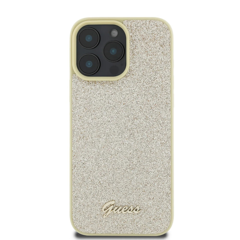 Guess Guess iPhone 16 Pro Max Back cover coque - Fixed Glitter - Script Metal Logo - Or Guess Guess iPhone 16 Pro Max Back cover coque - Fixed Glitter - Script Metal Logo - Or