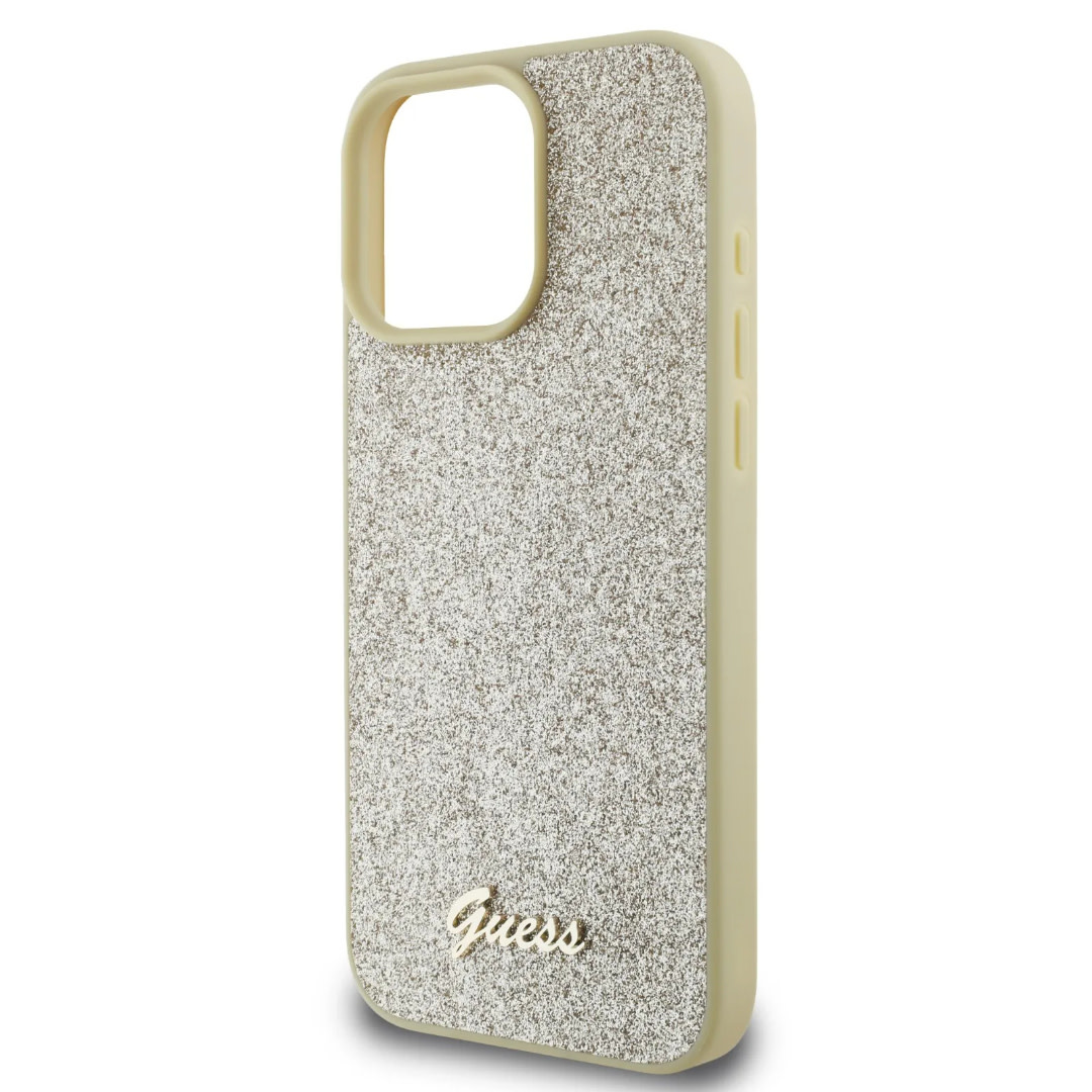 Guess Guess iPhone 16 Pro Max Backcover hoesje - Fixed Glitter - Script Metal Logo - Goud, foto 5 van 6